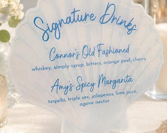 Seashell acrylic bar sign, Custom shell acrylic wedding bar sign, Shell signature drink menu, Coastal wedding bar sign, Blue seashell sign