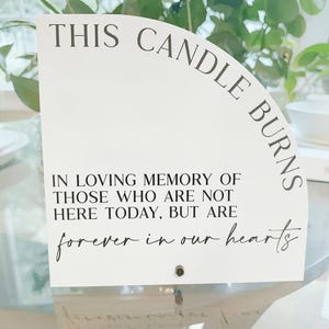 May include: A white, semi-circular memorial sign with the text "THIS CANDLE BURNS" in a curved font. Below, the sign reads "IN LOVING MEMORY OF THOSE WHO ARE NOT HERE TODAY, BUT ARE forever in our hearts."