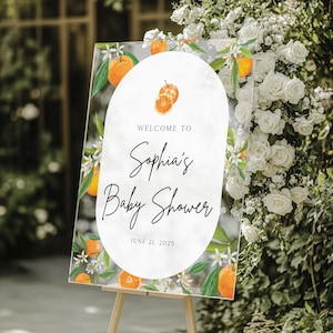 Orange baby shower acrylic welcome sign, Orange baby shower decor, A little cutie is on the way baby shower, Baby shower welcome sign