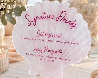 Seashell acrylic bar sign, Custom shell acrylic wedding bar sign, Shell signature drink menu, Coastal wedding bar sign, Pink seashell sign