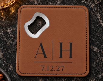 Personalized Brown Leather Bottle Opener Coaster with Custom Initials and Date for Wedding Favors or Anniversary Gifts