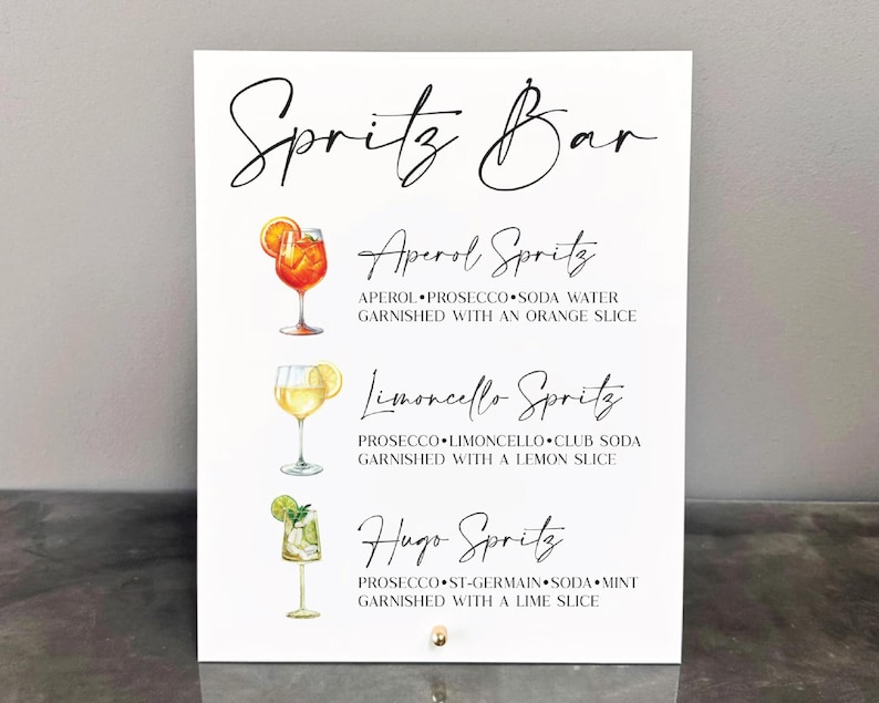 May include: White sign with black text listing three different spritzes: Aperol Spritz, Limoncello Spritz, and Hugo Spritz. Each spritz has a small illustration of the drink next to it.