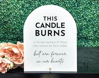 May include: White arch-shaped sign with black text that reads "THIS CANDLE BURNS in loving memory of those who cannot be here today but are forever in our hearts".