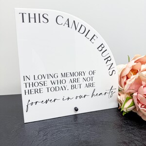 May include: A white, semi-circular memorial sign with the text "THIS CANDLE BURNS" and a heartfelt message. The sign includes a small black accent and is accompanied by pink and peach flowers.