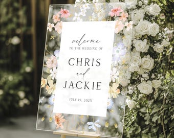 Letrero acrílico de boda con flores silvestres, Letrero de bienvenida personalizado, Letrero floral para bodas, Letrero de boda de primavera, Letrero de boda con flores, Letrero de flores silvestres