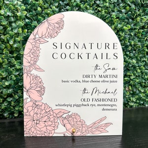 Signature Cocktails Acryl-Schild, Signature Cocktails Schild, Blumen Barkarte, Floral Bar Schild, Signature Cocktails, Hochzeitsgetränke Schild