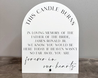 以下が含まれることがあります： 「This candle burns in loving memory of the father of the bride, James Ronald Jr. We know you would be here today if heaven wasn't so far away. You are forever in our hearts.」と書かれた黒い文字の白いアーチ型の看板です。