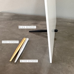 May include: A white panel with a black standoff and gold and silver standoffs. The black standoff is attached to the panel. The gold and silver standoffs are side by side. The text "BLACK STANDOFF", "GOLD STANDOFF", and "SILVER STANDOFF" are in the image.