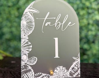 Seashell acrylic table numbers, 5x7" seashell table numbers, Beach wedding decor, Tropical wedding table numbers, Nautical wedding