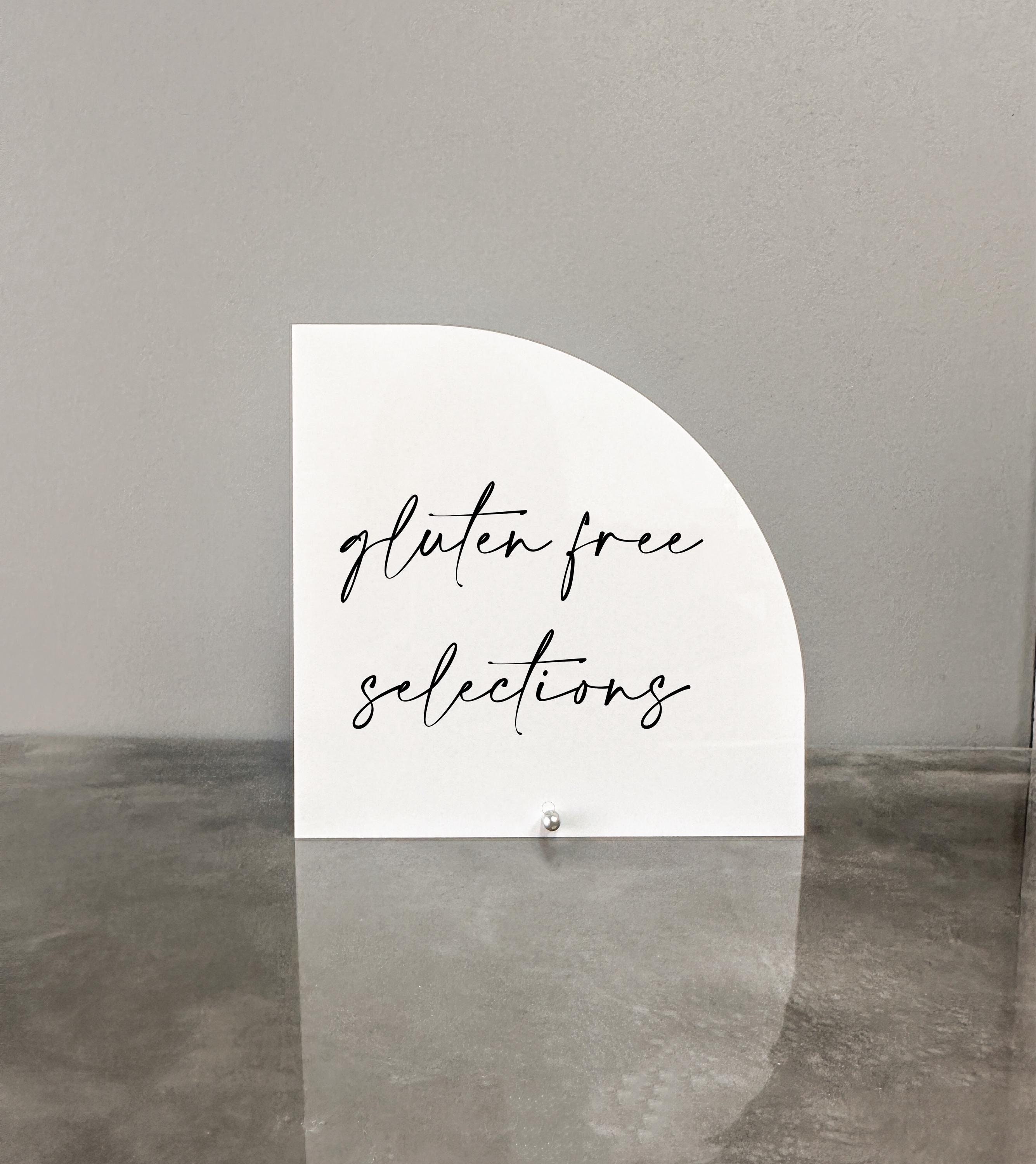 Gluten free selections acrylic sign, Gluten free selections sign, Gluten free food sign, Food stations sign, Food stations acrylic signs