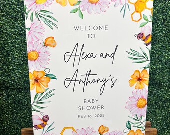 Pink bee baby shower acrylic welcome sign, Bee baby shower sign, Honey baby shower, Bee baby shower, Little honey is on the way,