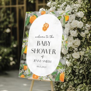 Orange baby shower acrylic welcome sign, Orange baby shower decor, A little cutie is on the way baby shower, Baby shower welcome sign