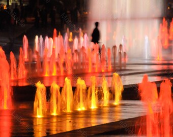 Original numbered photography, urban landscape, water fountains, a human silhouette at night, abstract, Marie-Ève LaBadie, decoration