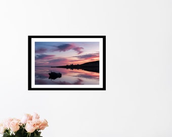 Original numbered photograph, small boat on the bay, at sunrise and reflection of the sky on the water, Marie-Ève LaBadie, decoration