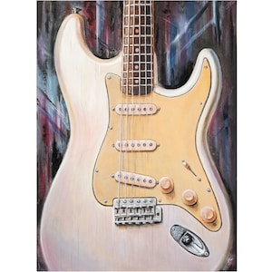 May include: A white electric guitar with a gold pickguard and chrome hardware. The guitar has a single cutaway body and a maple neck with a rosewood fingerboard.