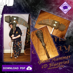 Op de afbeelding: Een blauwdruk van een gigantische hamer voor cosplay. De hamer heeft een donkergrijze kop met witte accenten en een lange, cilindrische steel. De afbeelding bevat een persoon die de hamer vasthoudt en close-ups van de hameronderdelen. Tekst op de afbeelding zegt "Giant Hammer 2D Blueprint".