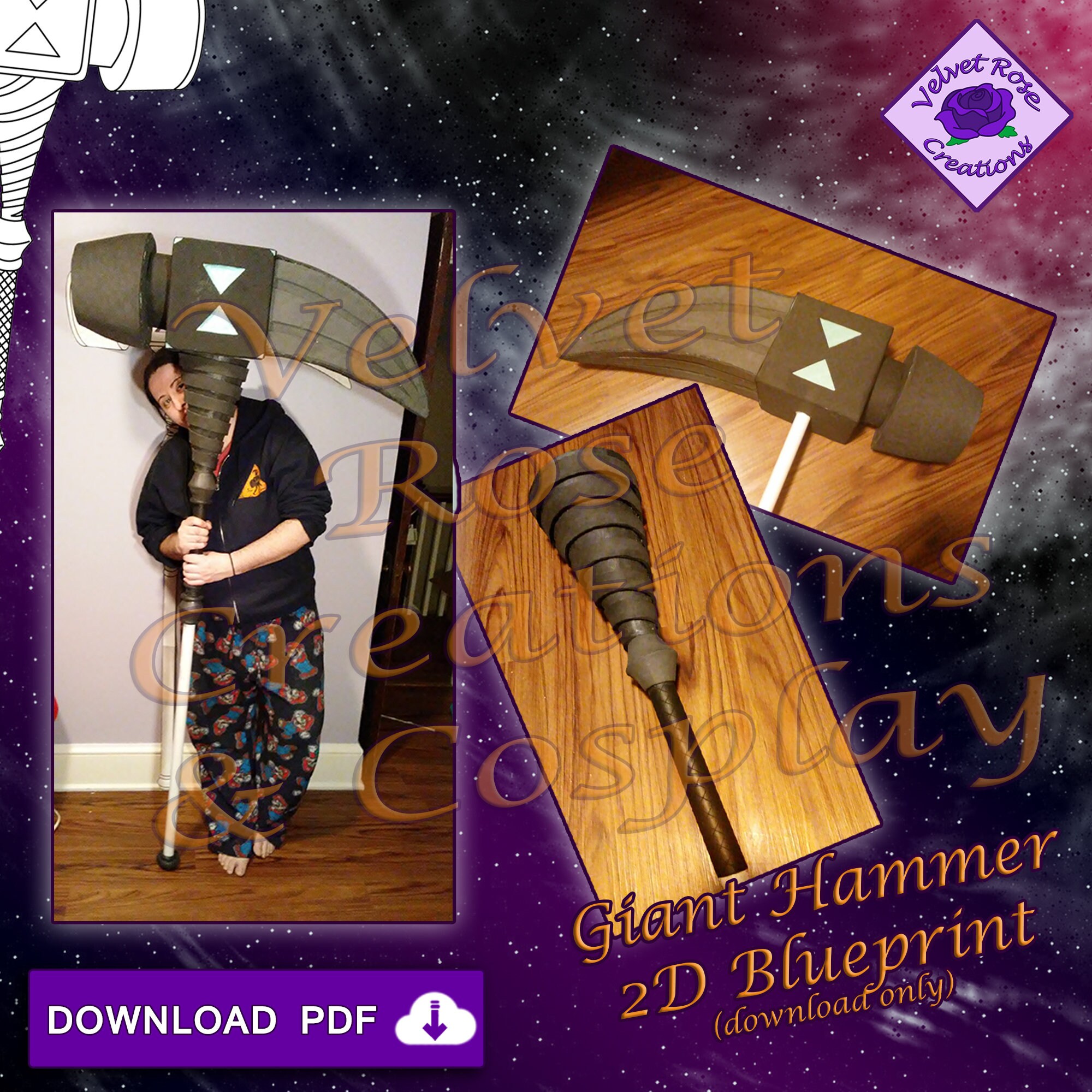 Printable 2D PDF Giant Deadly Hammer Template for Cosplay Costume Larp