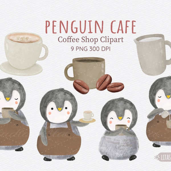 Digital Clip Art, Watercolor Lovely Penguins Cafe, Coffee Shop, Barista, Cappuccino, Milk Jar, Clipart(Instant Download, PNG file-300 dpi)