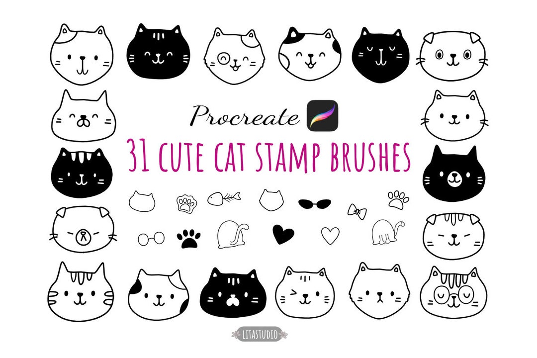 Cute Cat Stamp Procreate,31 Cat Stamps, Cat Stamp Brush, Cat Face, Cats