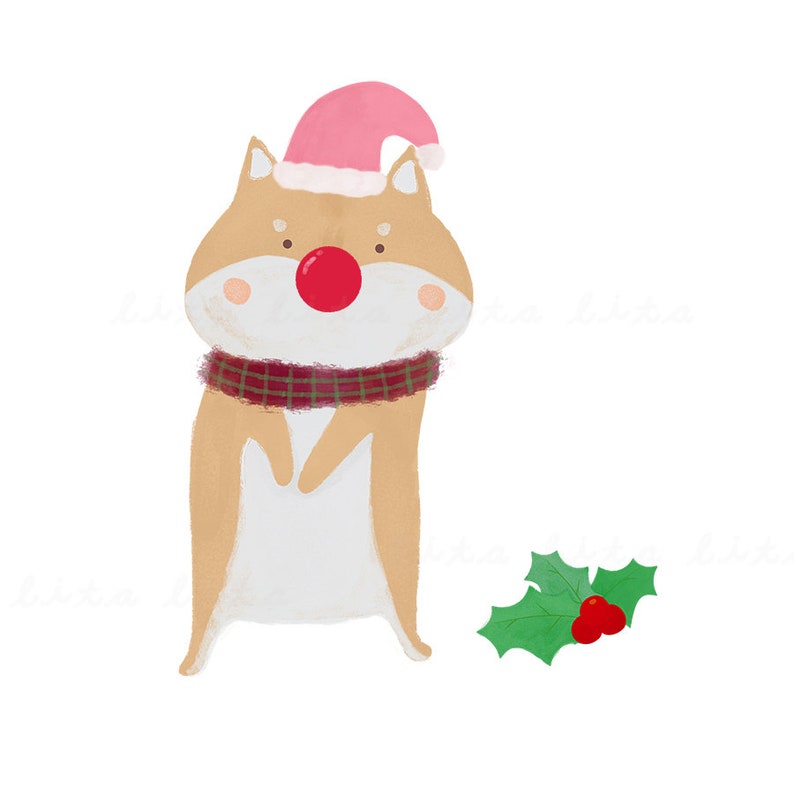 May include: An illustration of a Shiba Inu dog wearing a pink Santa hat, a red nose, and a plaid scarf. A sprig of holly with red berries is to the right. The dog is standing upright on a white background.
