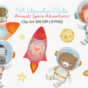 Acuarela, lindos animales del bosque, astronauta, clipart, nave espacial, cohete, planeta, clipart, descarga digital