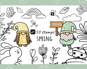 Cute Spring Stamp Procreate,50 Spring Stamps, Spring Stamp Brush, Gnome Brushes, Gnome Stamp Procreate, DIY Spring Gnome brush stamps