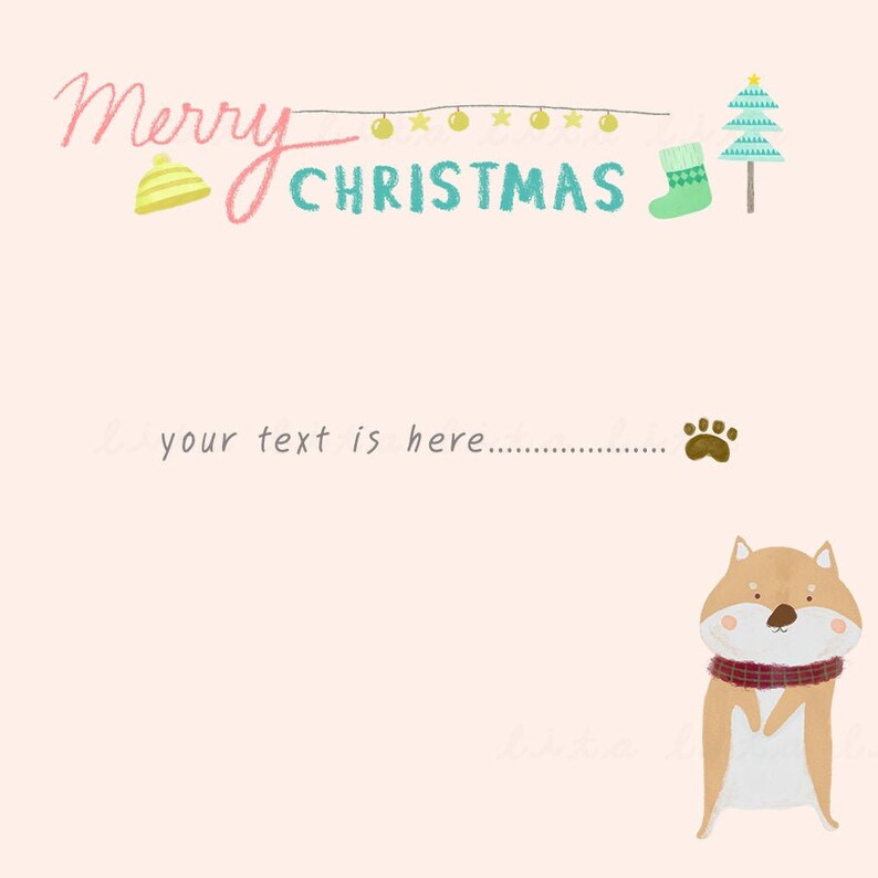 May include: A digital illustration with a pale pink background features the words "Merry Christmas" in pink and teal. A cartoon dog wearing a scarf is in the bottom right corner. Other elements include a hat, a Christmas tree, and a paw print.