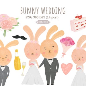Clipart mariage lapin, clipart couple lapin, art du mariage, lapin, jeunes mariés, visages de lapin, carte d'invitation de mariage, clipart numérique