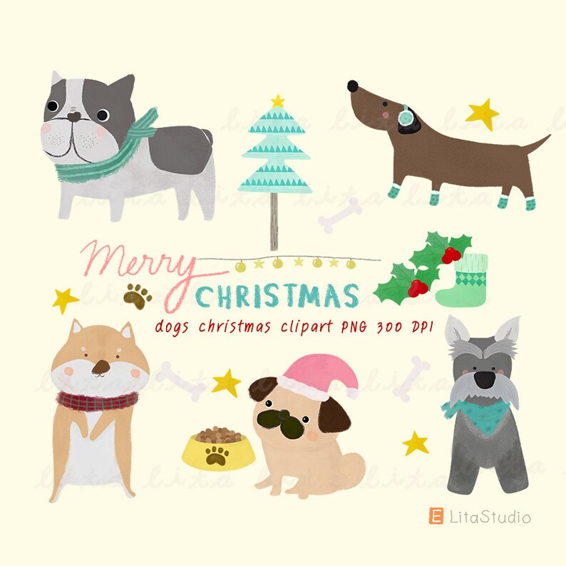 May include: A festive illustration featuring various dog breeds with Christmas themes. The image includes a Christmas tree, holly, and the text "Merry Christmas". The dogs are wearing seasonal accessories.