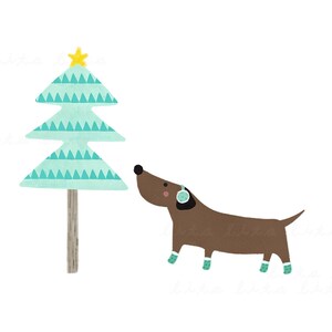 May include: A charming illustration featuring a brown dachshund wearing earmuffs and booties, looking up at a teal Christmas tree topped with a yellow star. The tree has a textured design, set against a white backdrop.