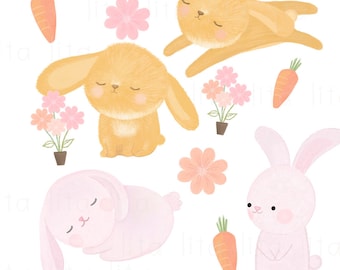BUY2 get 1 FREE-Watercolor Kawaii Bunny Clipart (Instant Download, PNG file - 300 dpi)