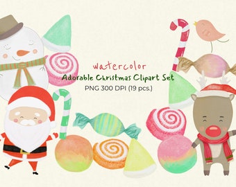 Cute Christmas Watercolor Clipart set, christmas candy clip art, Christmas Watercolor PNG, Cute Christmas Clipart, Santa, Snowman, Reindeer