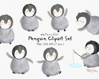 Cute Watercolor Penguin Clipart Set (PNG, 300 dpi)