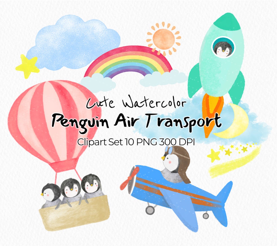 Air Transport Clipart, Digital Clip Art Set, Airplane, Balloon, Rocket ...