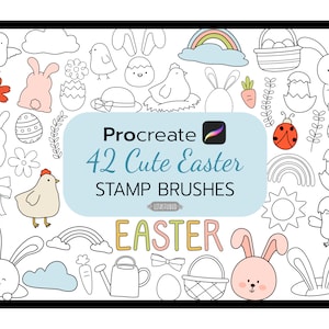 Peut inclure: Un ensemble de 42 pinceaux de tampon de Pâques mignons pour Procreate. Les pinceaux présentent une variété de motifs sur le thème de Pâques, notamment des lapins, des poussins, des œufs, des fleurs et des arcs-en-ciel. Les pinceaux sont en noir et blanc et sont parfaits pour ajouter une touche de fantaisie à vos projets de Pâques.