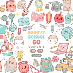 Groovy School Supplies Clipart,Cute Pastel School Clipart,Retro School Png, Classroom Clip Art, Pastel Back-to-School Png, Groovy School Png