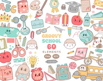 Groovy School Supplies Clipart: Retro Pastel PNG (Digital Download)