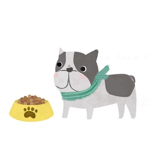 May include: A cartoon illustration of a French Bulldog wearing a green scarf, beside a yellow dog bowl filled with brown kibble. The bowl has a paw print. The dog has a black and white coat.