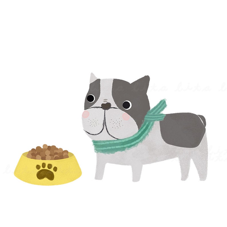 May include: A cartoon illustration of a French Bulldog wearing a green scarf, beside a yellow dog bowl filled with brown kibble. The bowl has a paw print. The dog has a black and white coat.