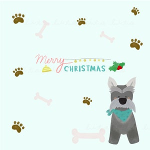 May include: A festive illustration on a pale blue background, featuring a grey dog with a teal scarf, paw prints, and bone shapes. The words "Merry Christmas" are written in a playful font, with festive accents like a bell and holly.