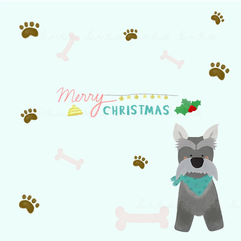 May include: A festive illustration on a pale blue background, featuring a grey dog with a teal scarf, paw prints, and bone shapes. The words "Merry Christmas" are written in a playful font, with festive accents like a bell and holly.