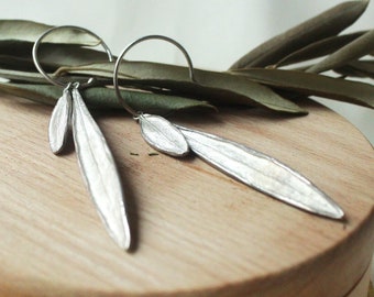 Dangle long silver earrings, Unique olive leaf earrings, Botanical silver jewelry for nature lover women, Handmade organic silver earrings