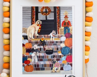 Dogs Can Trick-or-Treat Too PRINT, Halloween Dog Art Print, Fall Autumn, Trick-or-Treating Painting, Halloween Art, Autumn Decor, Dog Lovers