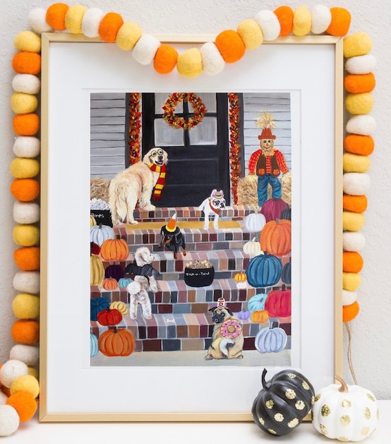 Dogs Can Trick-or-Treat Too PRINT, Halloween Dog Art Print, Fall Autumn, Trick-or-Treating Painting, Halloween Art, Autumn Decor, Dog Lovers