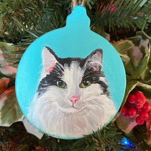 May include: A hand-painted wooden Christmas ornament featuring a black and white cat with green eyes. The ornament is painted on a light blue background.