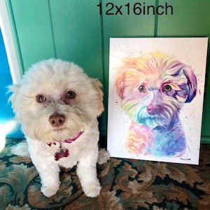 May include: A watercolor painting of a dog on a white canvas. The dog is a small, fluffy breed with a rainbow-colored coat. The painting is 12x16 inches.