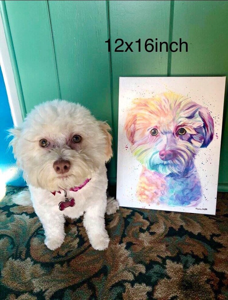 May include: A watercolor painting of a dog on a white canvas. The dog is a small, fluffy breed with a rainbow-colored coat. The painting is 12x16 inches.