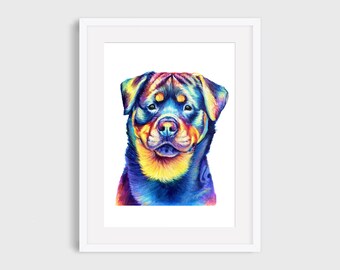 May include: A framed art print featuring a colorful, stylized portrait of a Rottweiler dog. The artwork uses a vibrant palette of blues, yellows, and purples to depict the dog's face, creating a striking visual effect. The print is set against a white background.