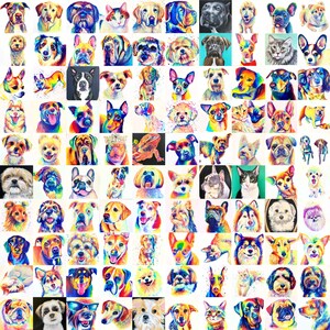 May include: A colorful collage of 100 different dog portraits, each painted in vibrant rainbow colors. The dogs are all different breeds and sizes, and they are all looking at the camera. The collage is a celebration of the diversity of dogs.