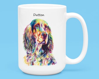 Taza de café setter inglés personalizada, regalo de raza de perro de caza, regalo de calentamiento del hogar para los vecinos, arte del perro de acuarela arco iris, té de café